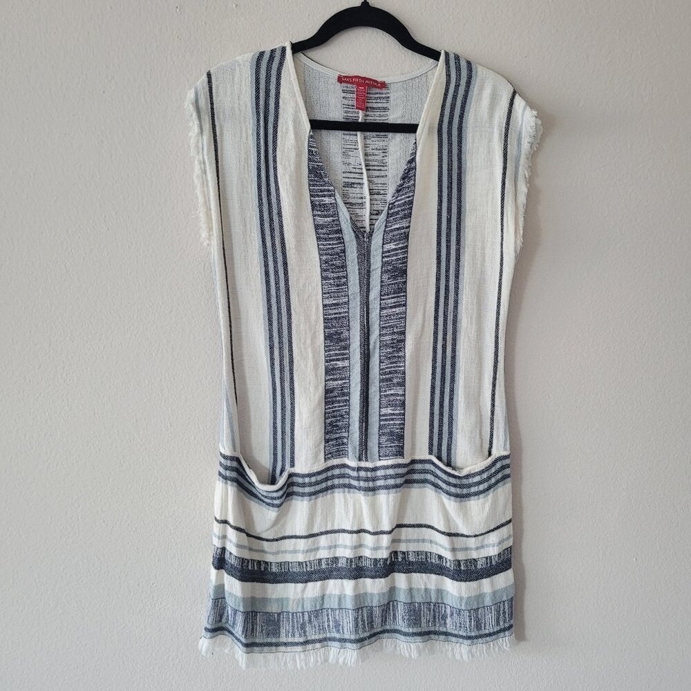 Saks Fifth Avenue Women's Dress White Linen Striped Fringe Bohemian Boho Size M